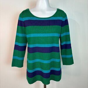 Banana Republic Sweater Medium Green Blue Striped 3/4 Sleeve Pullover